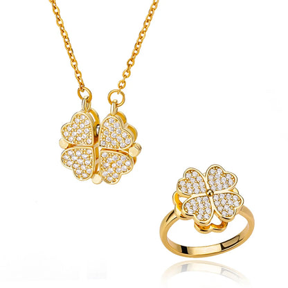 Lucky Four-Leaf Clover Magnetic Golden Pendant Necklace & Ring Set
