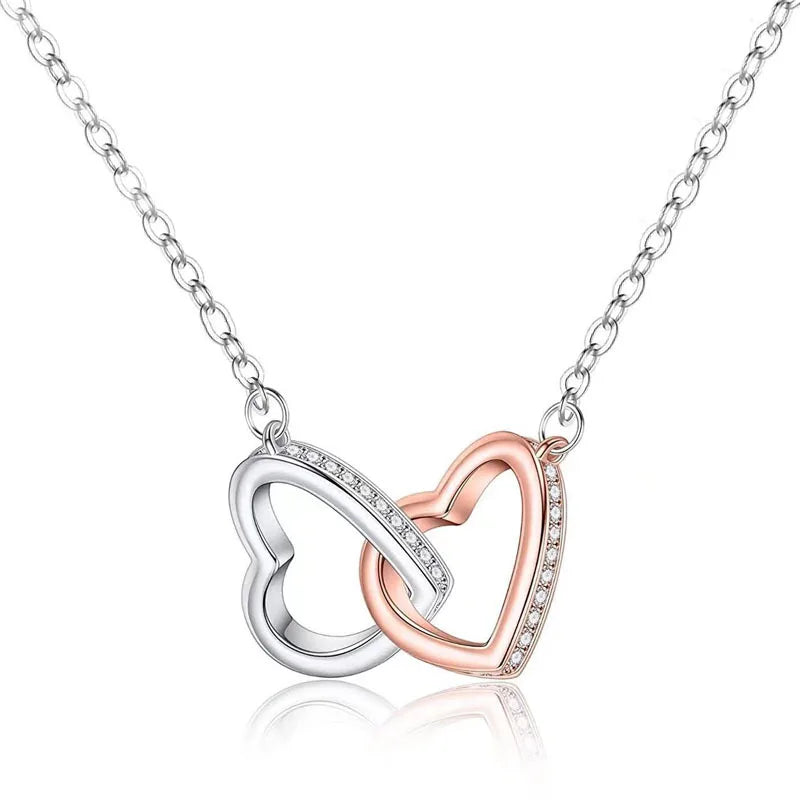 Dainty Double Interlocking Heart Pendant Necklace Gift Set for Her