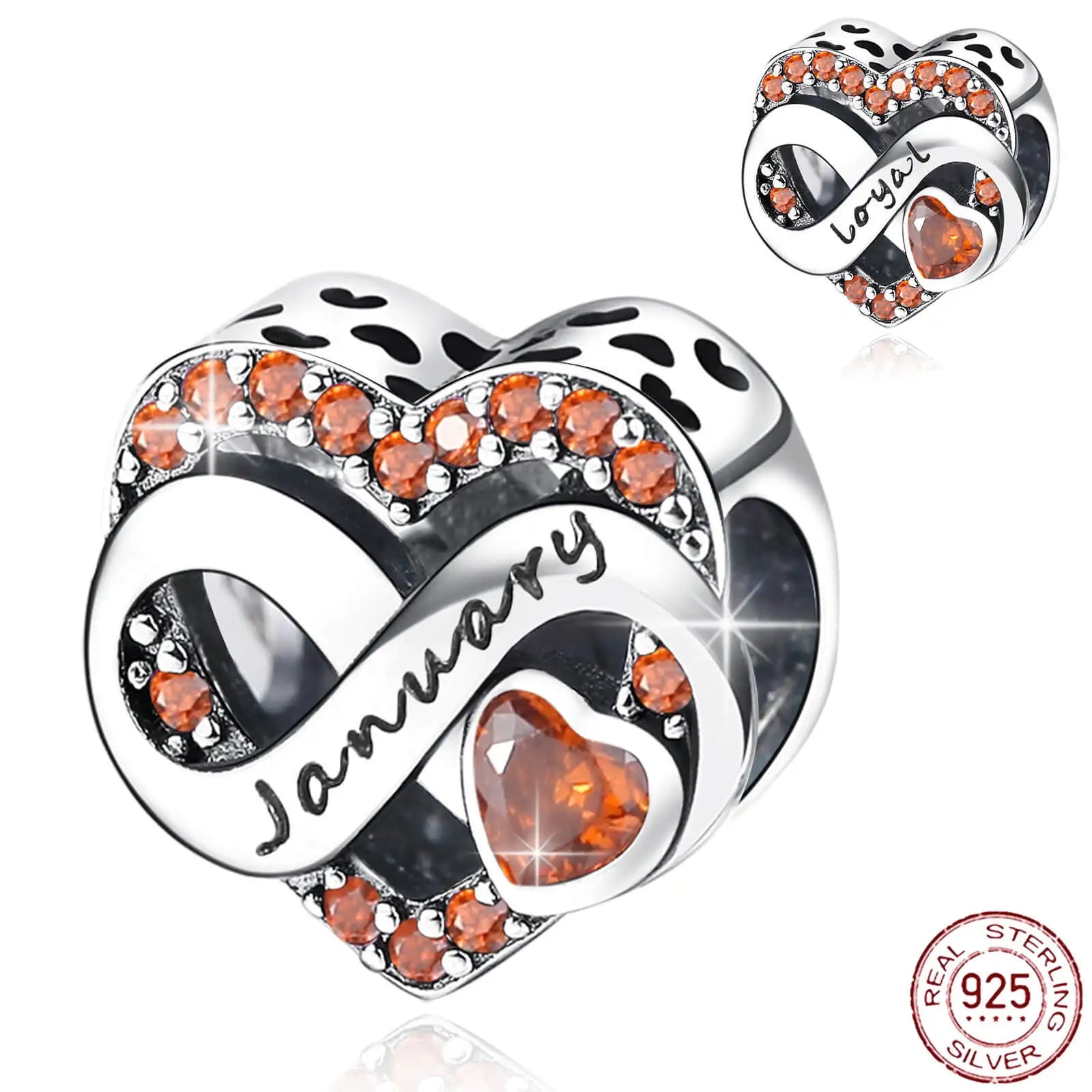 925 Sterling Silver January Birthstone Heart Bead Fits Pandora Bracelet DIY