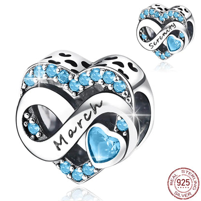 925 Sterling Silver March Birthstone Heart Bead Fits Pandora Bracelet DIY