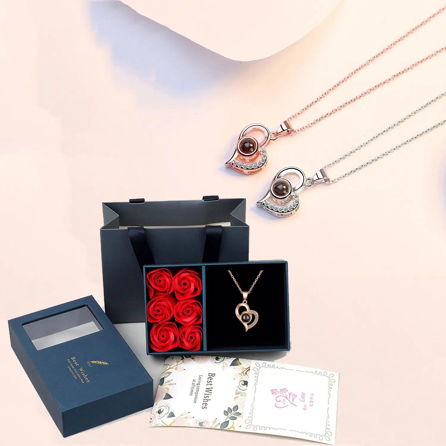Enchanting Elegance: Necklace Gift Set in a luxury gift box along with Roses - Heart Crafted Gifts