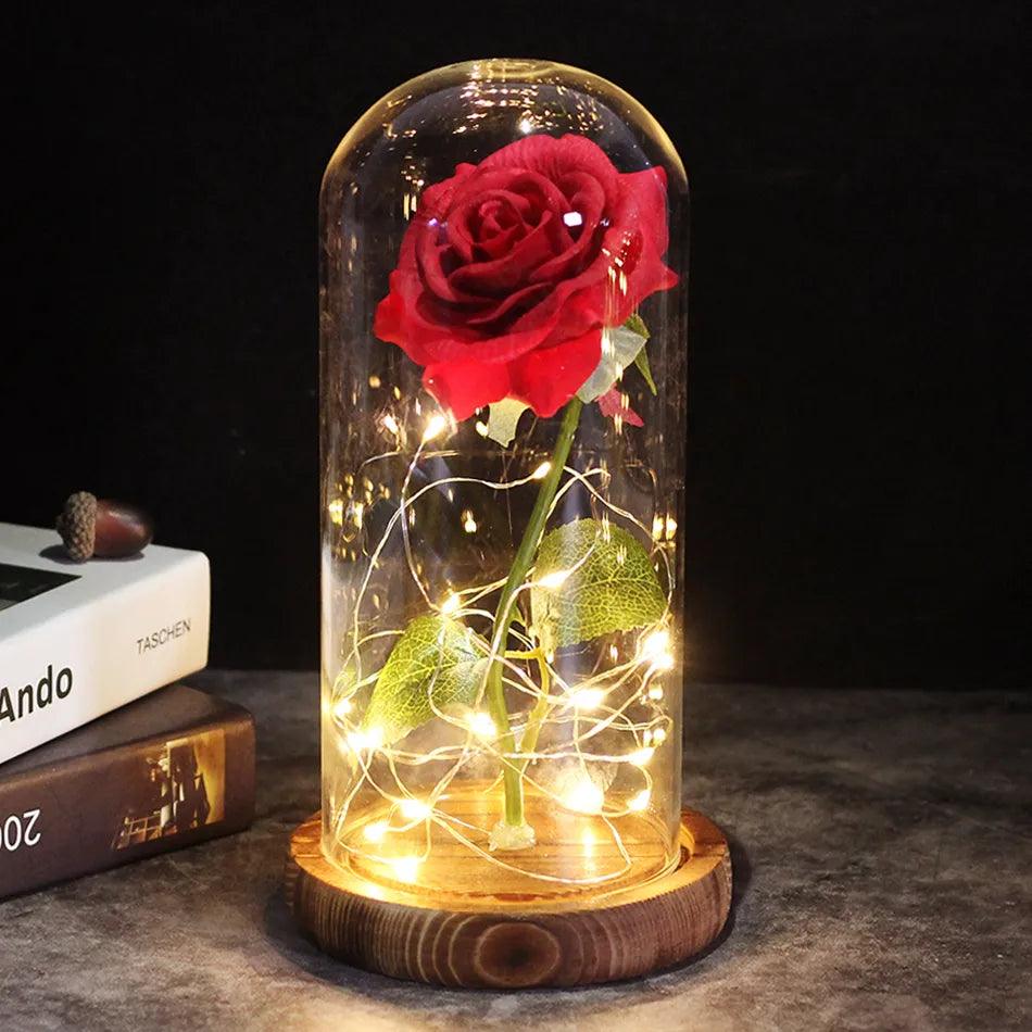 Eternal Beauty: Galaxy Rose Flowers in Glass Dome with Wooden Base - Heart Crafted Gifts