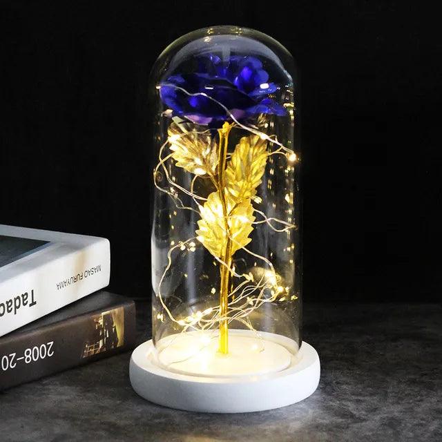 Eternal Beauty: Galaxy Rose Flowers in Glass Dome with Wooden Base - Heart Crafted Gifts