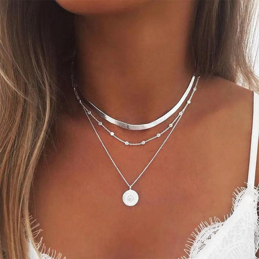 Three-Layer Round Necklace with Pendant in Sterling Silver - Heart Crafted Gifts